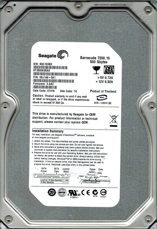 Seagate ST3500630AS 500GB P/N: 9BJ146-561 F/W: 3.AAE TK