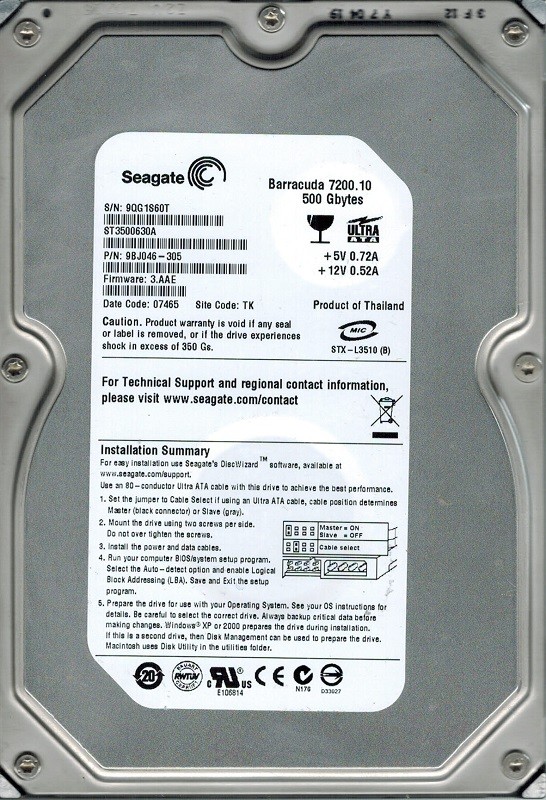 Seagate ST3500630A P/N: 9BJ046-305 F/W: 3.AAE 500GB TK