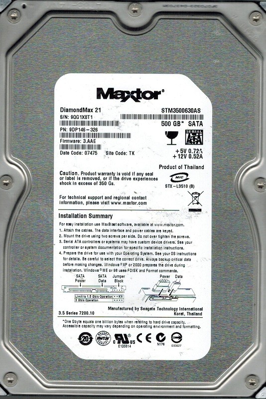 Maxtor STM3500630AS P/N: 9DP146-326 F/W: 3.AAE 500GB TK Seagate