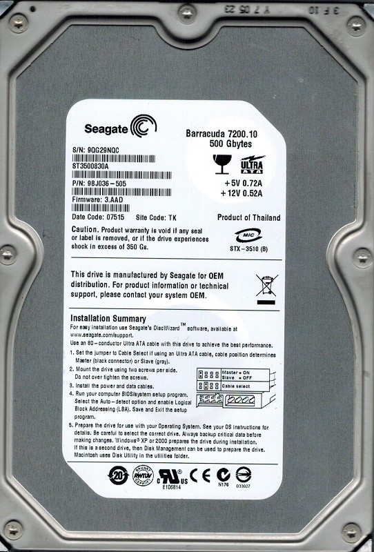 Seagate ST3500830A P/N: 9BJ036-505 F/W: 3.AAD TK 500GB