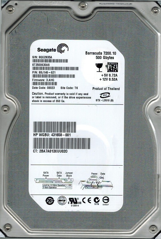 Seagate ST3500630AS P/N: 9BJ146-621 F/W: 3.AHG 500GB TK