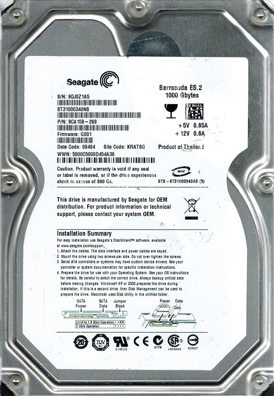 Seagate ST31000340NS P/N: 9CA158-268 F/W: G001 1TB KRATSG
