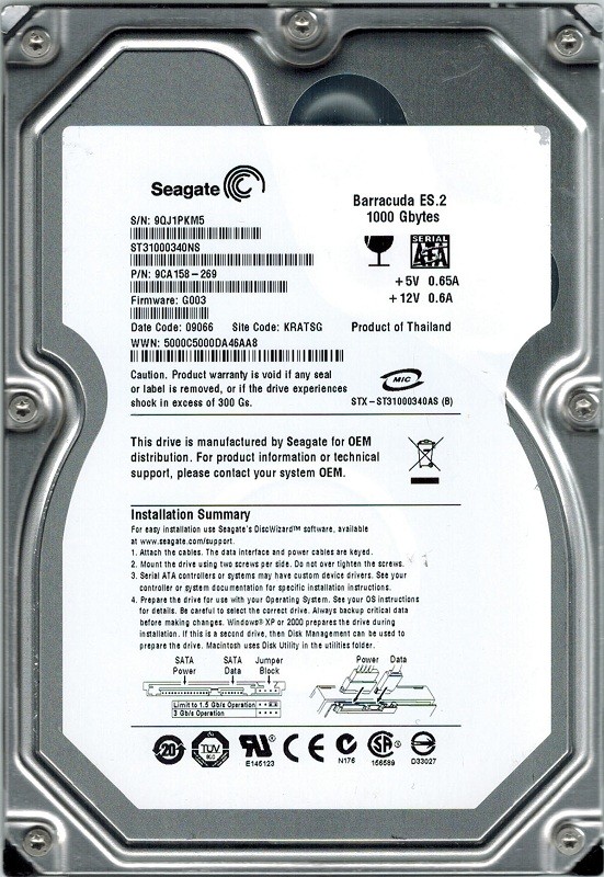 Seagate ST31000340NS P/N: 9CA158-269 1TB F/W: G003 KRATSG