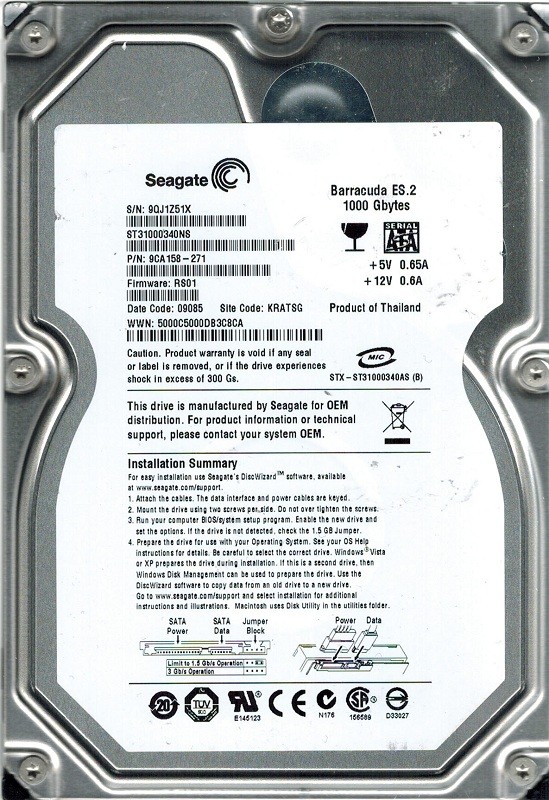 Seagate ST31000340NS F/W: RS01 P/N: 9CA158-271 1TB KRATSG
