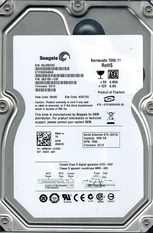 Seagate ST31000340AS F/W: DE13 P/N: 9BX158-035 1TB KRATSG