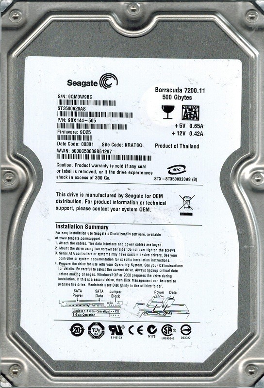 Seagate ST3500620AS P/N: 9BX144-505 F/W: SD25 500GB KRATSG