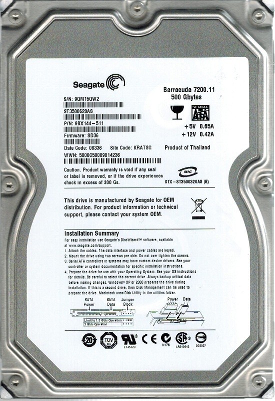 Seagate ST3500620AS 500GB P/N: 9BX144-511 F/W: SD36 KRATSG