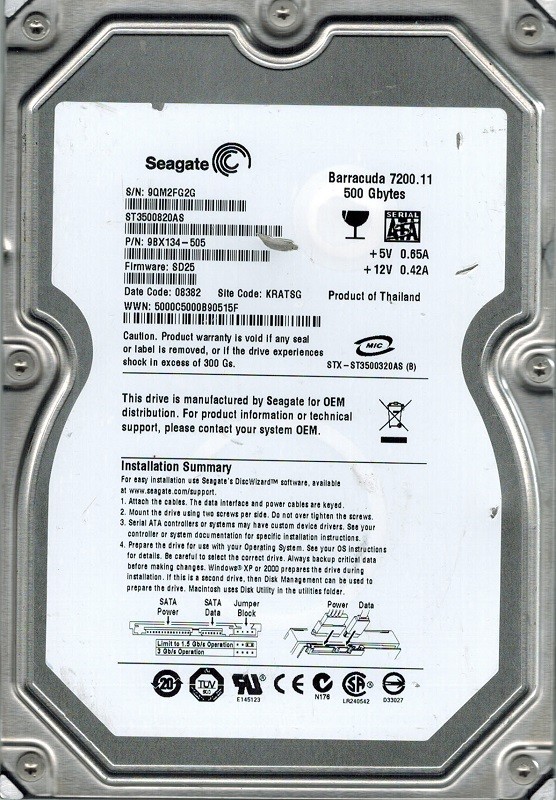 Seagate ST3500820AS P/N: 9BX134-505 500GB F/W: SD25 KRATSG