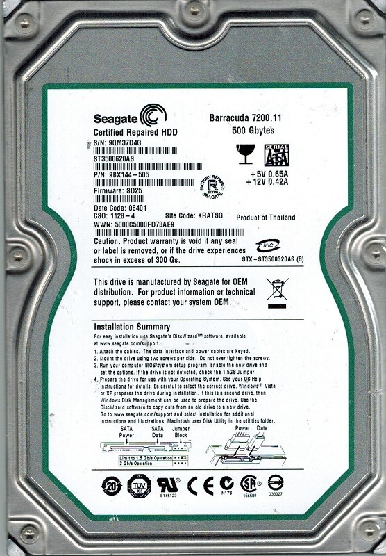 Seagate ST3500620AS P/N: 9BX144-505 F/W: SD25 KRATSG 500GB