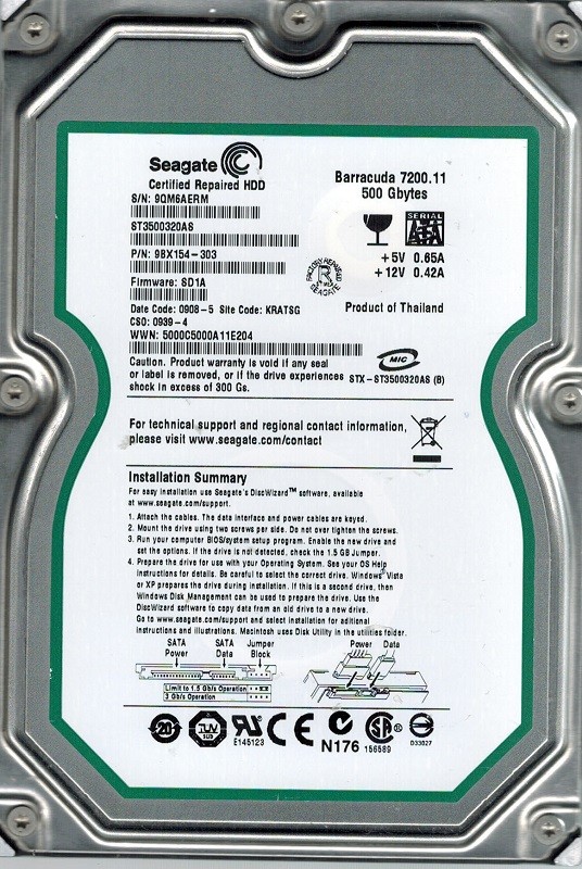 Seagate ST3500320AS P/N: 9BX154-303 F/W: SD1A 500GB KRATSG