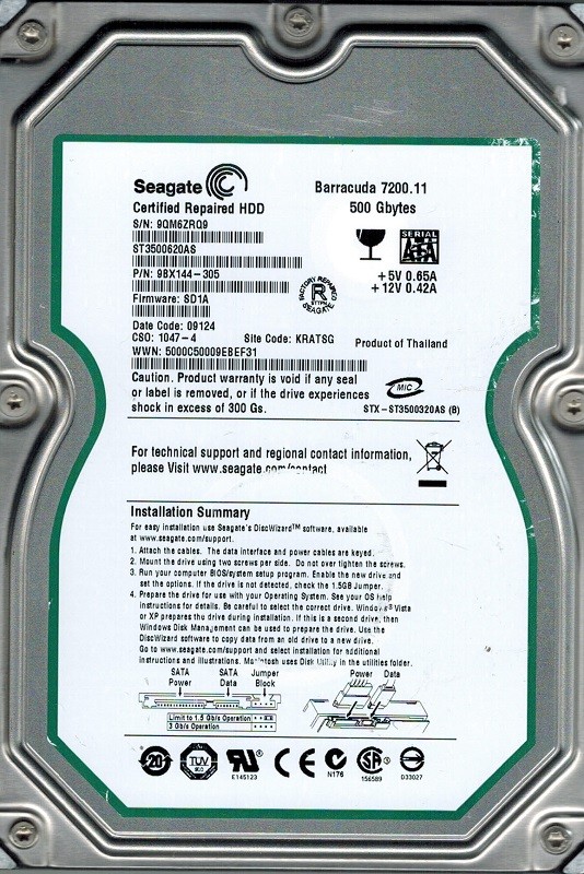 Seagate ST3500620AS P/N: 9BX144-305 F/W: SD1A 500GB KRATSG