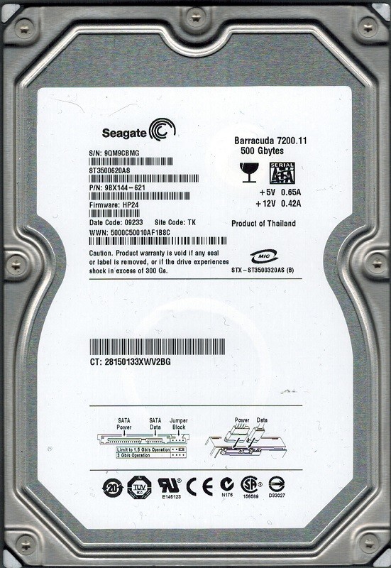 Seagate ST3500620AS P/N: 9BX144-621 F/W: HP24 500GB TK