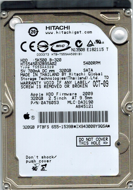 Hitachi HTS545032B9SA02 MAC 655-1539B P/N: 0A76053 MLC: DA3190 320GB