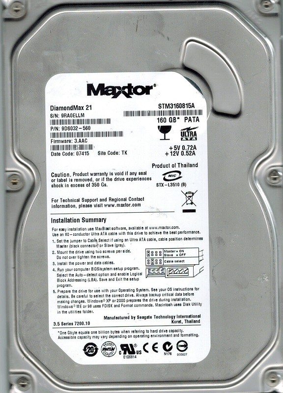 Maxtor STM3160815A P/N: 9DS032-560 F/W: 3.AAC 160GB TK Seagate