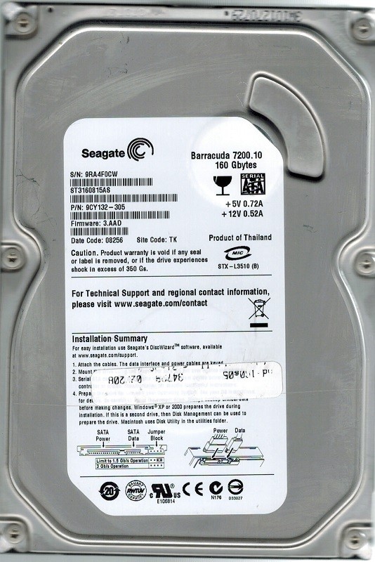 Seagate ST3160815AS F/W: 3.AAD P/N: 9CY132-305 TK 160GB