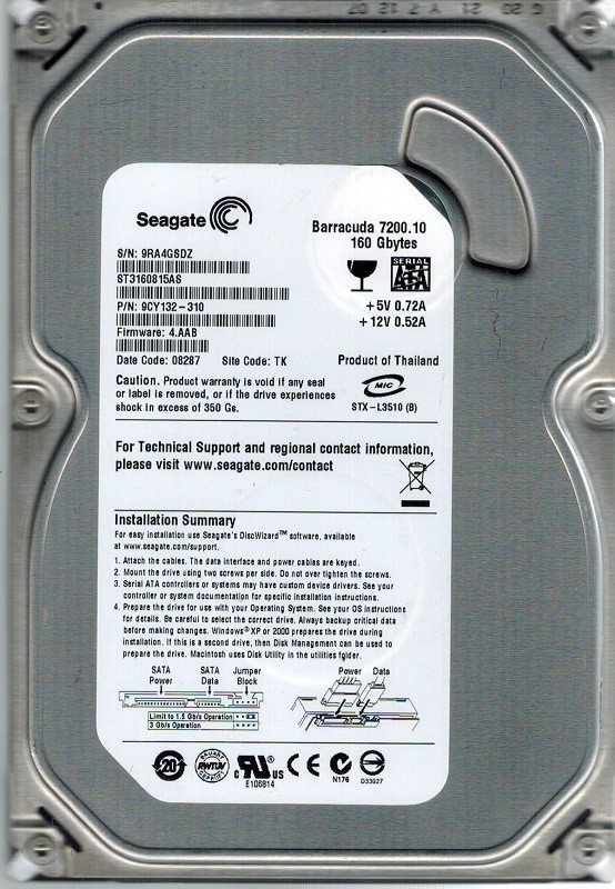 Seagate ST3160815AS P/N: 9CY132-310 F/W: 4.AAB 160GB TK