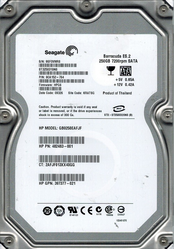 Seagate ST3250310NS P/N: 9CA152-784 F/W: HPG6 250GB KRATSG