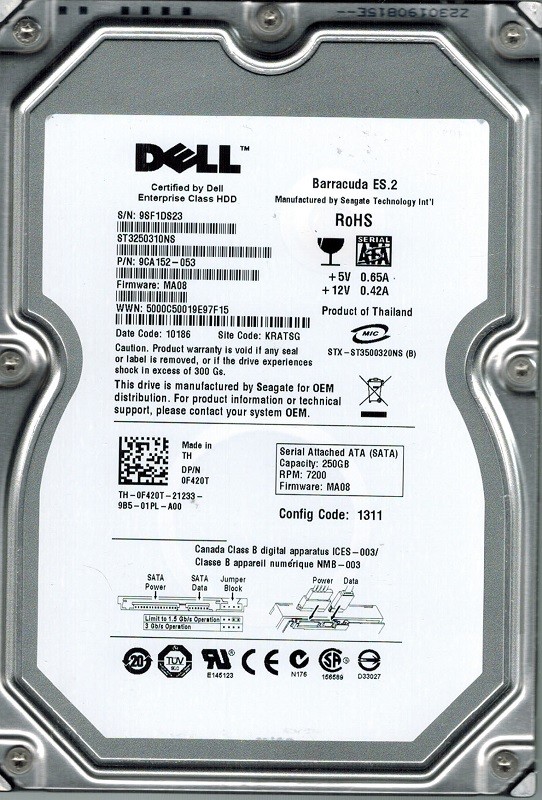 Seagate ST3250310NS P/N: 9CA152-053 F/W: MA08 KRATSG 250GB