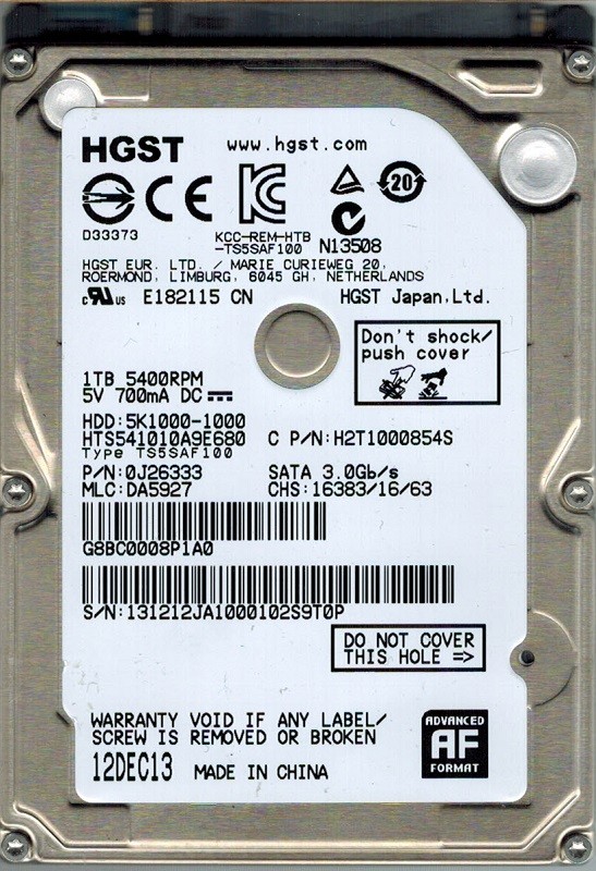 Hitachi HTS541010A9E680 P/N: 0J26333 MLC: DA5927 1TB