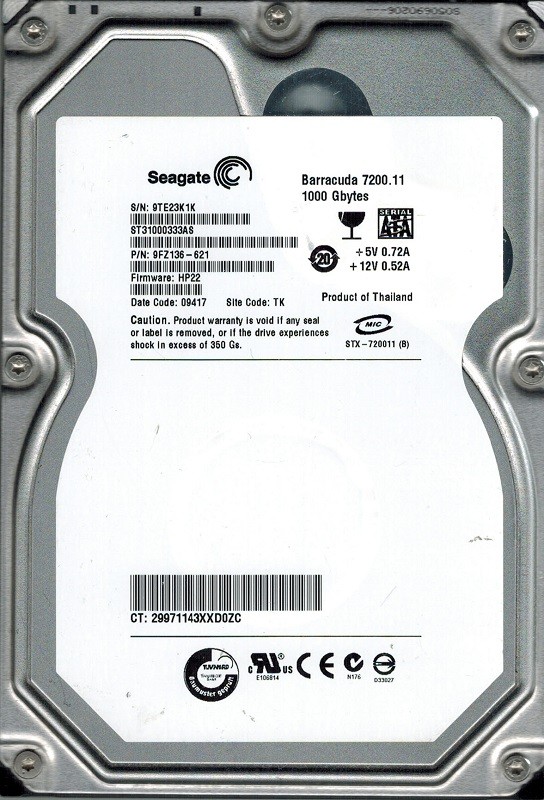 Seagate ST31000333AS P/N: 9FZ136-621 F/W: HP22 1TB TK