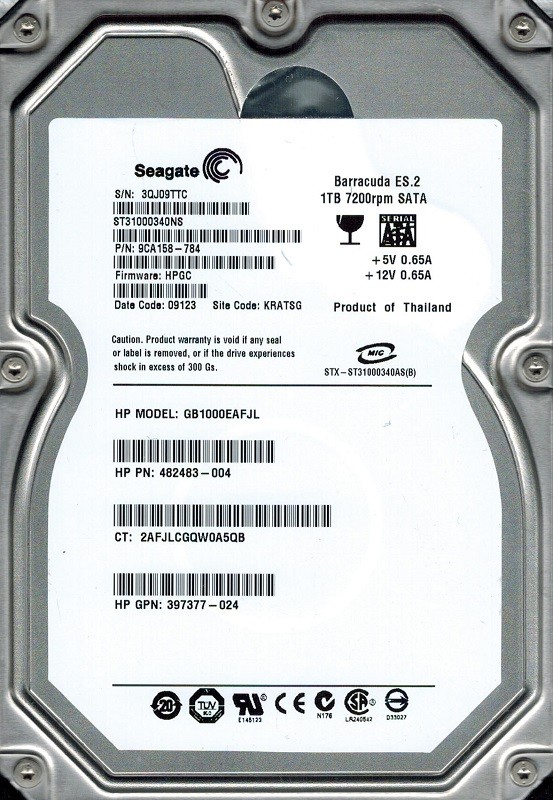 Seagate ST31000340NS P/N: 9CA158-784 F/W: HPGC 1TB KRATSG