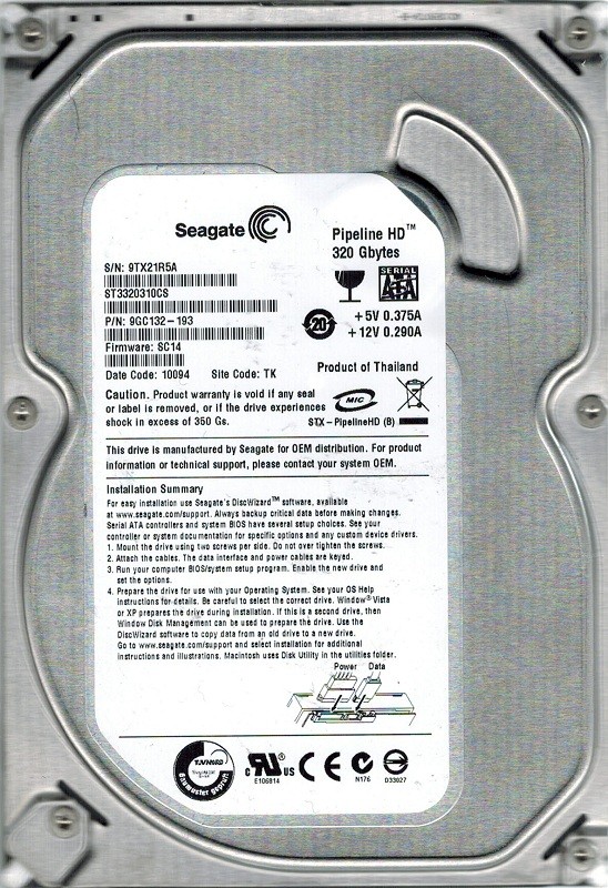 Seagate ST3320310CS P/N: 9GC132-193 F/W: SC14 320GB TK