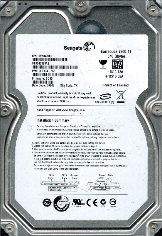 Seagate ST3640323AS P/N: 9FZ134-568 F/W: SD35 640GB TK