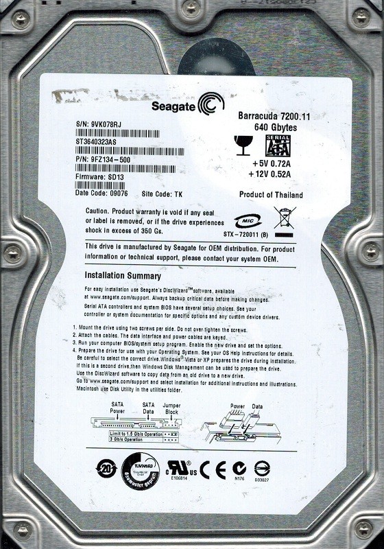 Seagate ST3640323AS P/N: 9FZ134-500 F/W: SD13 640GB TK