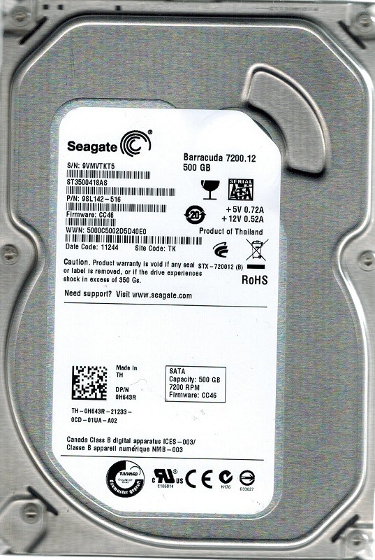 Seagate ST3500418AS P/N: 9SL142-516 F/W: CC46 TK 500GB
