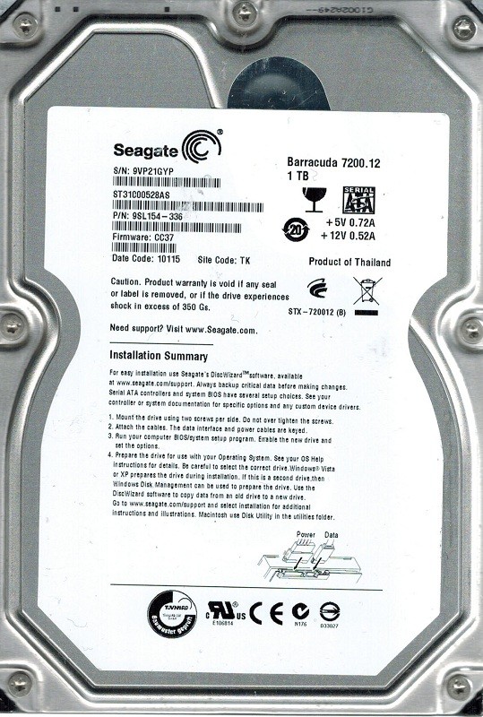 Seagate ST31000528AS P/N: 9SL154-336 F/W: CC37 1TB TK