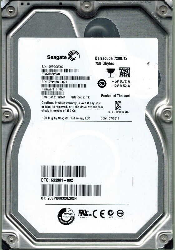 Seagate ST3750525AS 750GB P/N: 9YP15G-021 F/W: HP63 TK