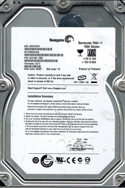 Seagate ST31500341AS P/N: 9JU138-568 F/W: CC71 TK 1.5TB
