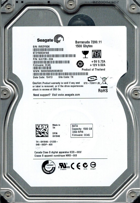 Seagate ST31500341AS P/N: 9JU138-034 F/W: CC4G 1.5TB TK