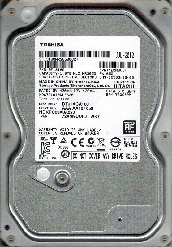 Toshiba DT01ACA100 HDKPC03A0A02J 1TB AAA AA10/650