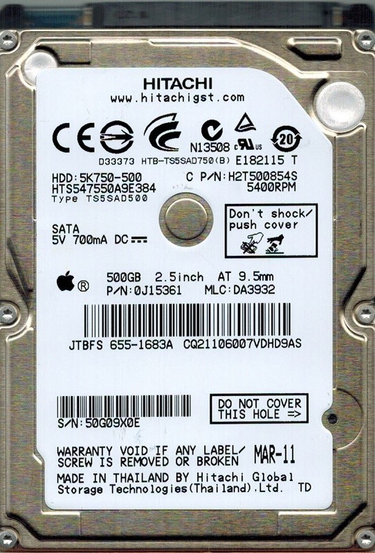 Hitachi HTS547550A9E384 P/N: 0J15361 MLC: DA3932 500GB MAC 655-1683A