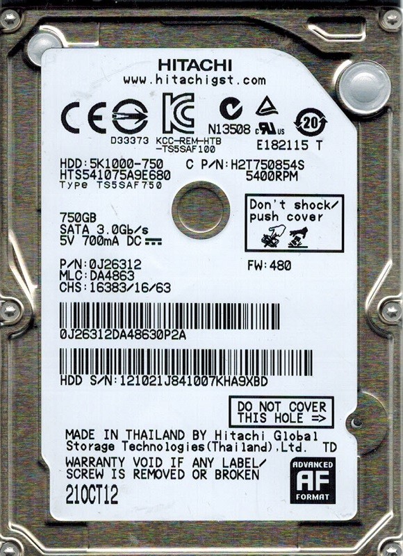 Hitachi HTS541075A9E680 P/N: 0J26312 MLC: DA4863 750GB