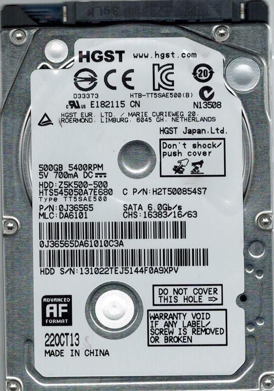 HGST HTS545050A7E680 MLC: DA6101 P/N: 0J36565 500GB 