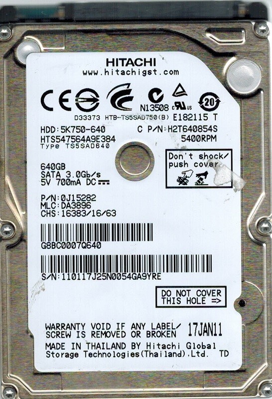 Hitachi HTS547564A9E384 P/N: 0J15282 MLC: DA3896 640GB