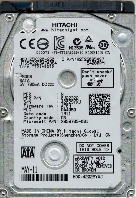Hitachi HTS543225A7A384 P/N: 0J22322 MLC: DA4050 250GB