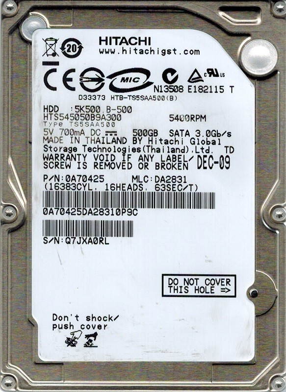 Hitachi HTS545050B9A300 P/N: 0A70425 MLC: DA2831 500GB 