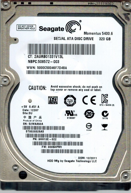 Seagate ST9320325AS P/N: 9HH13E-022 F/W: 0005HPM1 SU 320GB