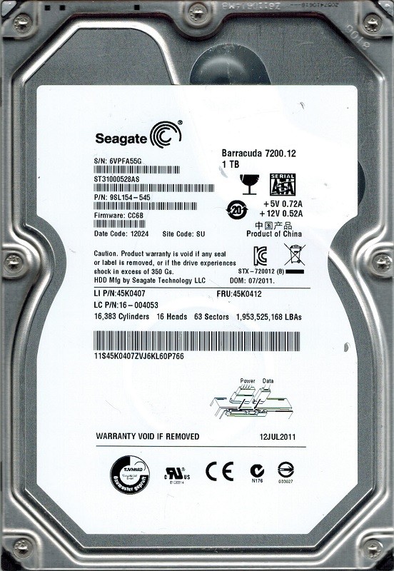 Seagate ST31000528AS P/N: 9SL154-545 F/W: CC6B 1TB SU 6VP