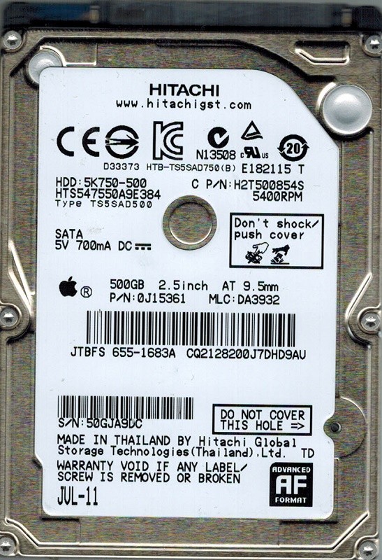 Hitachi HTS547550A9E384 P/N: 0J15361 MLC: DA3932 MAC 655-1683A 500GB