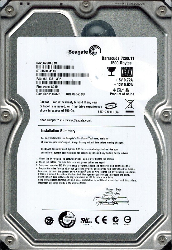 Seagate ST31500341AS 1.5TB P/N: 9JU138-302 F/W: CC1H SU