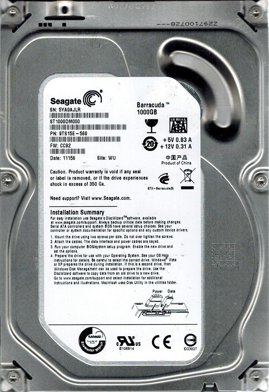 Seagate ST1000DM000 P/N: 9TS15E-568 F/W: CC92 1TB WU