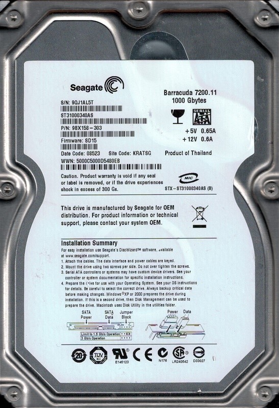 Seagate ST31000340AS F/W: SD15 P/N: 9BX158-303 1TB KRATSG