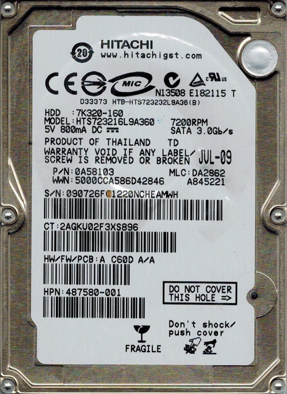 Hitachi HTS723216L9A360 160GB P/N: 0A58103 MLC: DA2862