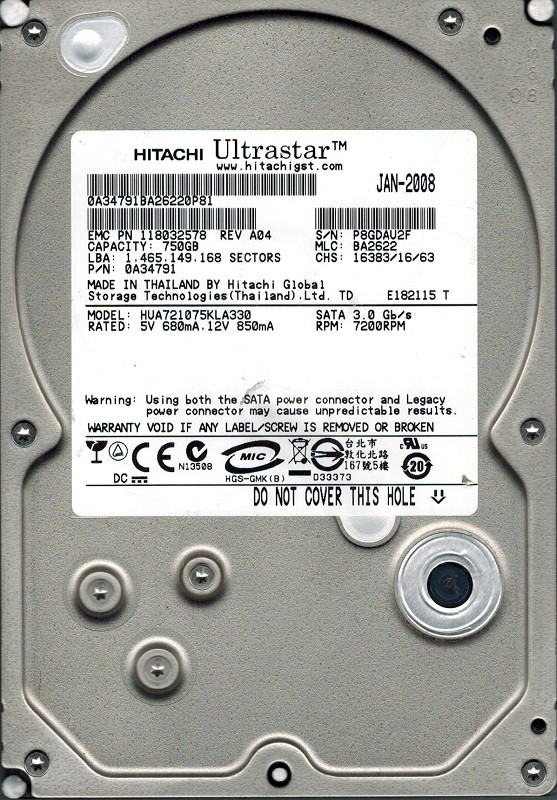 Hitachi HUA721075KLA330 P/N: 0A34791 MLC: BA2622 750GB