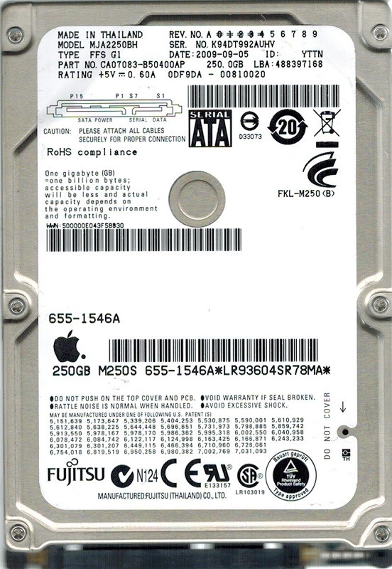 Fujitsu MJA2250BH MAC 250GB P/N: CA07083-B50400AP DATE: 2009-09-05 MAC 655-1546A