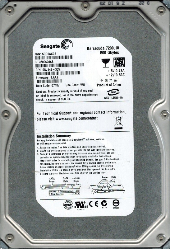 Seagate ST3500630AS F/W: 3.AAE P/N: 9BJ146-305 WU 500GB